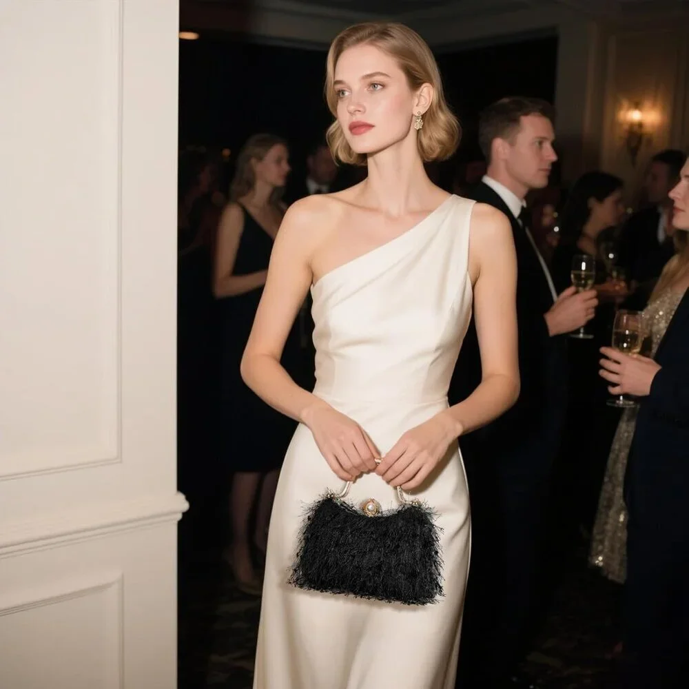 Women's Evening Clutch Purse Faux Feather Compact Shoulder Bag for Formal Events